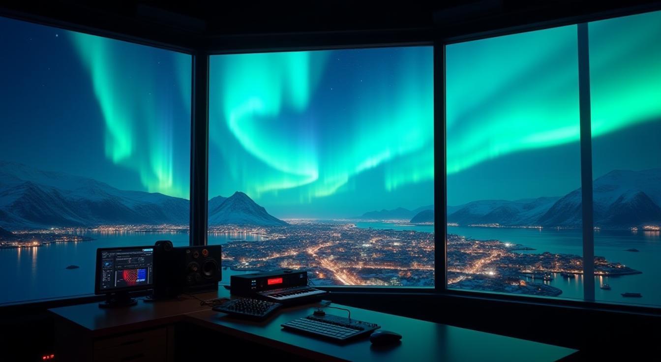 Radiostudio med utsikt over Tromsø og nordlys